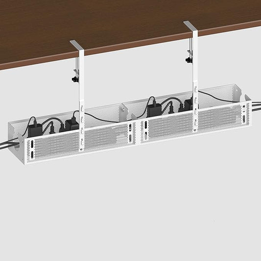 Under Desk Cable Management Tray - No Drill or Screw Mount Option, Heavy Duty Metal Cord Organizer Rack, Power Strip Holder for Office & Home