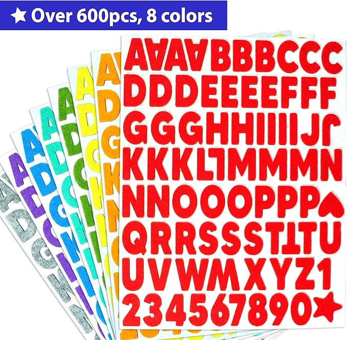 KRAFUN Felt Sticker Kit for Beginner Toddlers, Kids Arts & Crafts, Pack of 600 Assorted Scrapbook Stickers Alphabets, Numbers, Fun Shapes, Preschool, Children Early Learning, self Adhesive
