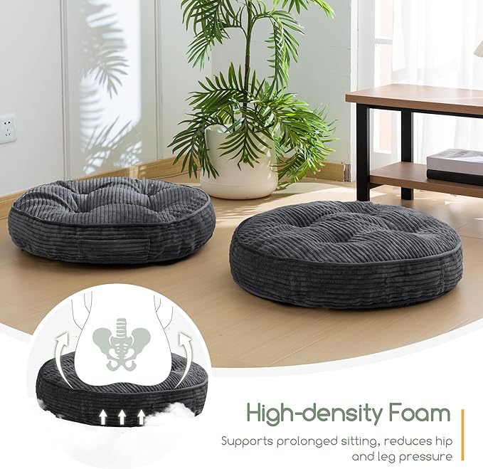 Washable Floor Pillow Cushion for Adults, Meditation Cushion Pillow, Large Round Floor Sitting, Removable Tufted Corduroy Cover, for Tatami Living Room or Yoga, 22x22 Inch, 2Pack, Machine Washable
