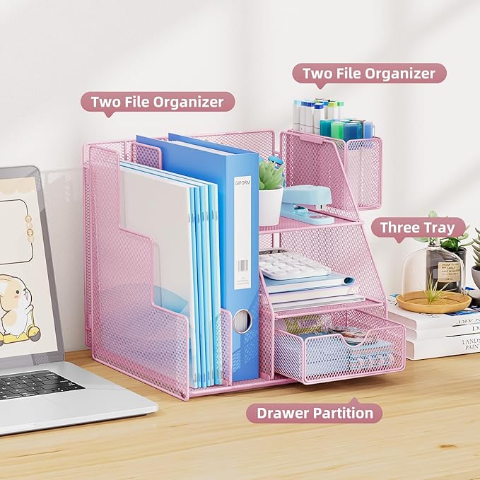 Marbrasse Desk Organizer and Accessories, 3-Tier File Organizer with Drawer and Pen Holder, Small Desktop Organizer and Storage for Workspace Office Supplies Pink