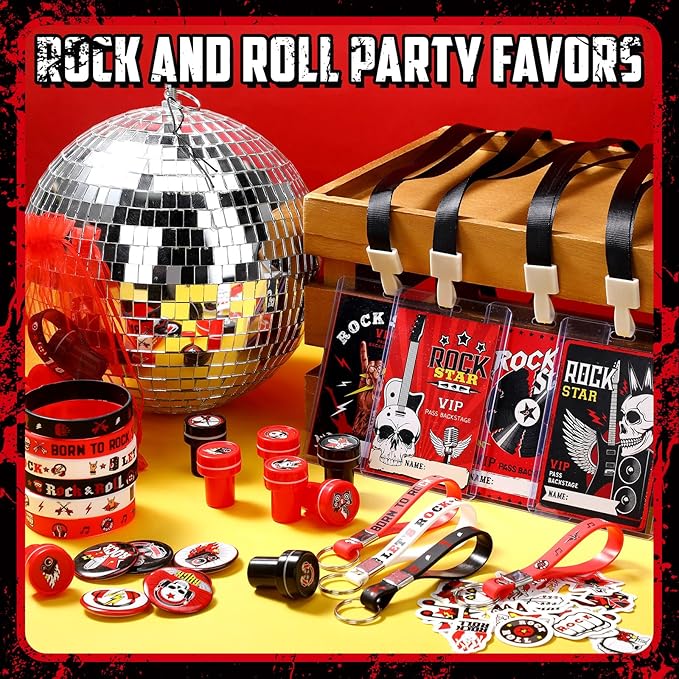 Blosssound 122 Pcs Rock and Roll Party Favors with Rock Star Silicone Bracelets VIP Pass Badges Stampers Keychains Stickers Let's Rock Birthday Party Supplies for 80s 90s Rock Music Party Decorations