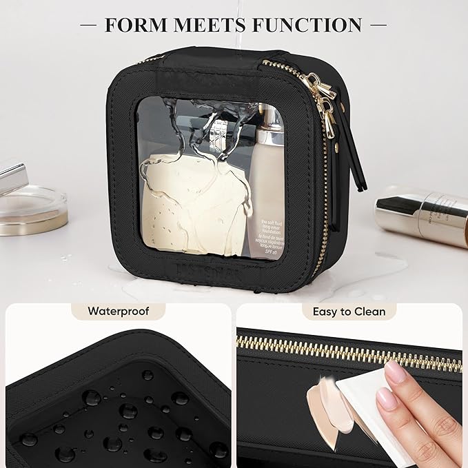 MSTONAL Clear Makeup Bag, Travel Toiletry Bag Cosmetic Case for Women, Waterproof Portable Small Make Up Skincare Pouch with Zipper, Compact Car Organizer Bag for Essentials, Mini Size, Black