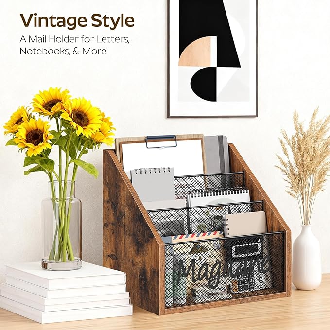 YATINEY Magazine Holder, Wood Magazine Rack Floor, Mail Organizer Countertop, Magazine Mail Holder Sorter, Record Holder for Magazines, Books, Newspapers, Tablets, Rustic Brown and Black MR02BR