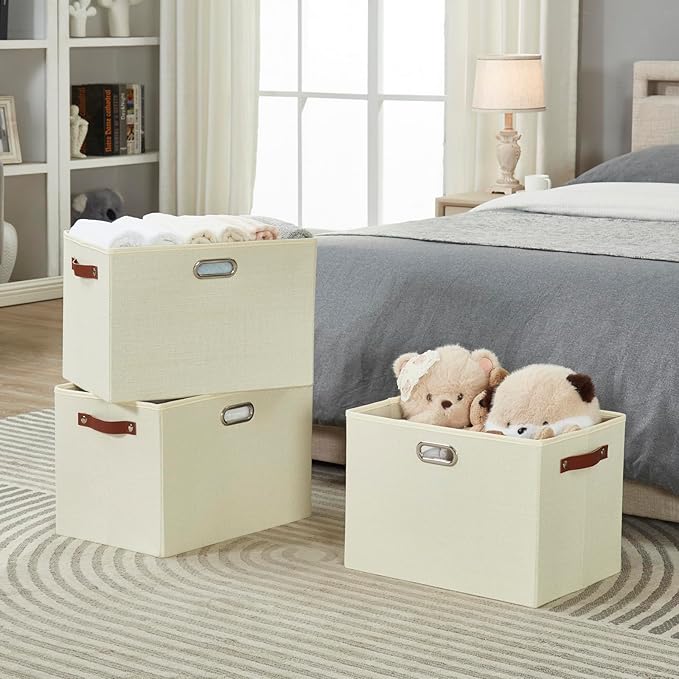 3-Pack Foldable Fabric Storage Bins with Durable PU & Metal Handles, Collapsible Storage Baskets for Shelves, Home Storage, Closet Organizers, Living Room(17"x11.8"x11.8", Beige)