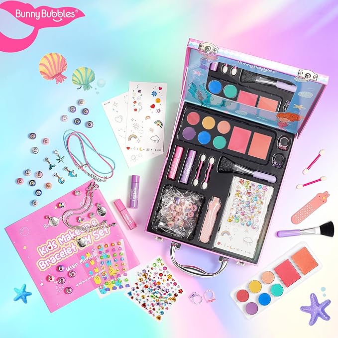 Kids Makeup Sets for Girls - Washable Real Cosmetics Set with Jewelry-Making for Children, Ocean Princess Dress-Up Makeup Bracelet Kits, Ideal Winter Birthday Gift for 4-12 Year Olds (Blue)