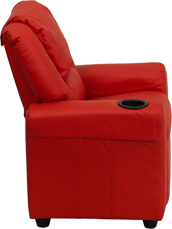 Flash Furniture Vana Vinyl Kids Recliner with Cup Holder, Headrest, and Safety Recline, Contemporary Reclining Chair for Kids, Supports up to 90 lbs., Red