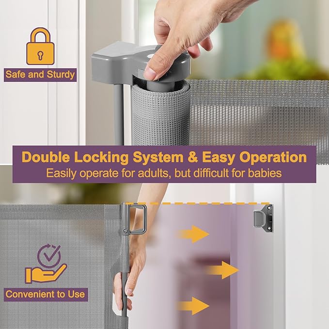 42" Tall X 80" Wide Retractable Dog Gates for Large Openings Extra Tall Retractable Baby Gates for Doorways Extra Tall Pet Gate Indoor Outdoor Long Baby Gate Large Mesh Dog Gate (Gray)