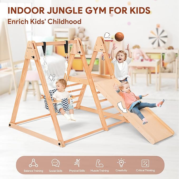 7 in 1 Indoor Jungle Gym for Kids, Foldable Toddler Indoor Playground with Slide, Beechwood & Baby Swing, Climbing Wall & Ladder, Wooden Climbing Toys Playset Gifts for Kids (Wood Color)