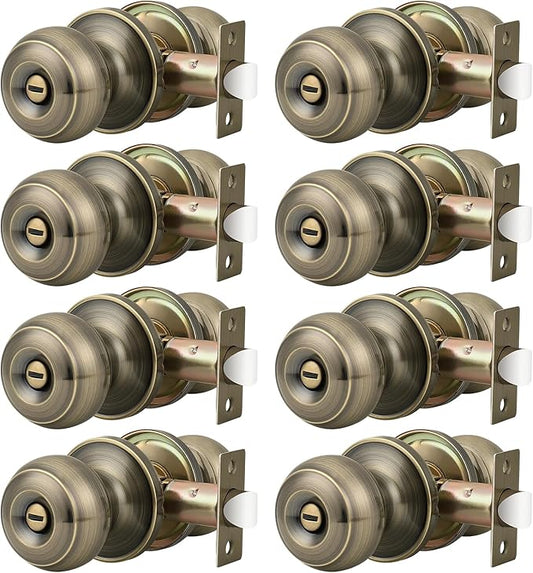 Probrico 8 Pack Antique Brass Door Knobs Lockable Privacy Door Lock Interior Bedroom Bathroom Door Handle Round Keyless Door Knob Set