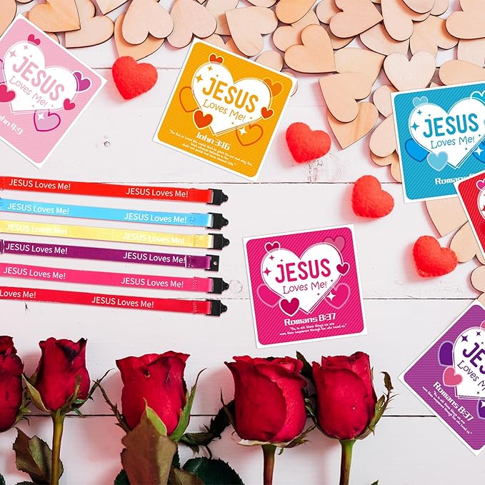48 Sets Religious Valentine's Day Wristbands Jesus Loves Me Wristband Christian Valentine's Day Friendship Clasp Wristbands with Exchange Cards for Sunday Party Favor Prize