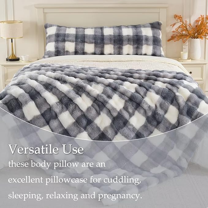 Luxury Shaggy Faux Fur Body Pillow,Fluffy Bed Pillow with Zipper Closure,Soft Decorative Plush Full Long Pillows,Fuzzy Hug Pillow for Living Room Side Sleeper & Pregnancy 20"x54" White and Grey