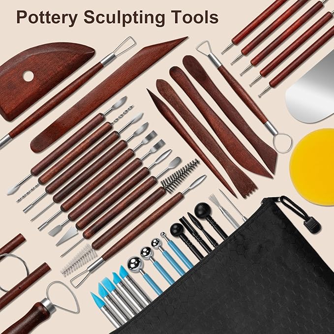 Amrules Clay Tools Kit, 43 PCS Red Pottery Tools, Practical Polymer Clay Sculpting Tools Kit, Air Dry Clay Tools Set for Adults, Pottery Craft, Dotting, Carving, Drawing, Molding, Modeling, Shaping