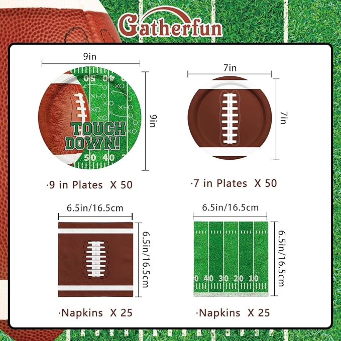 Football Party Supplies Kit Serve 50,Includes Touchdown Dinner Plates, Dessert Plates and Napkins for Football Birthday Party Football Game Day Tailgate Party Decorations