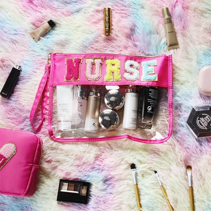 BuyCard 2 Pcs Nurse Gift Clear Makeup Bag Chenille Letter Patch Cosmetic Bag Zipper Pouch Nurse Survival Kit Travel Bag for Toiletries Waterproof Portable Travel Organizer Case for Women Girls