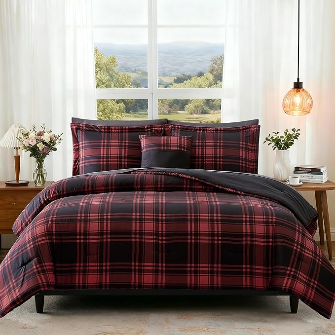 MaiRêve King Comforter Set, Classic Red Black Plaid Bedding Set 7 Pieces, Farmhouse Lightweight All Season Bed in a Bag with Sheets, Pillowcases & Shams