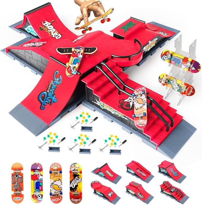 Fingerboard Skatepark Skate Park Kit, 6-in-1 Finger Skateboard Ramp Set Ultimate Parks Training Props with 6 Finger Skateboard 6 Finger Deck & Display Holder Finger Skate Toys for Kids Gifts