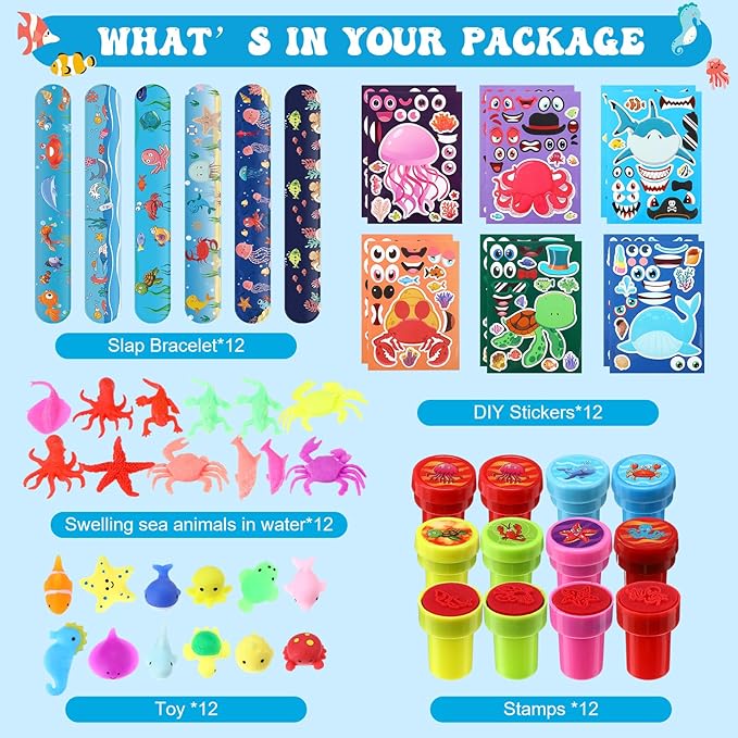Capoda 156 Pcs Under the Sea Party Favors Ocean Themed Gifts Bulk Sea Animal Stickers Squeeze Slap Bracelet Stampers Piñata Stuffers for School Classroom Prizes Birthday Goodie Bag Fillers