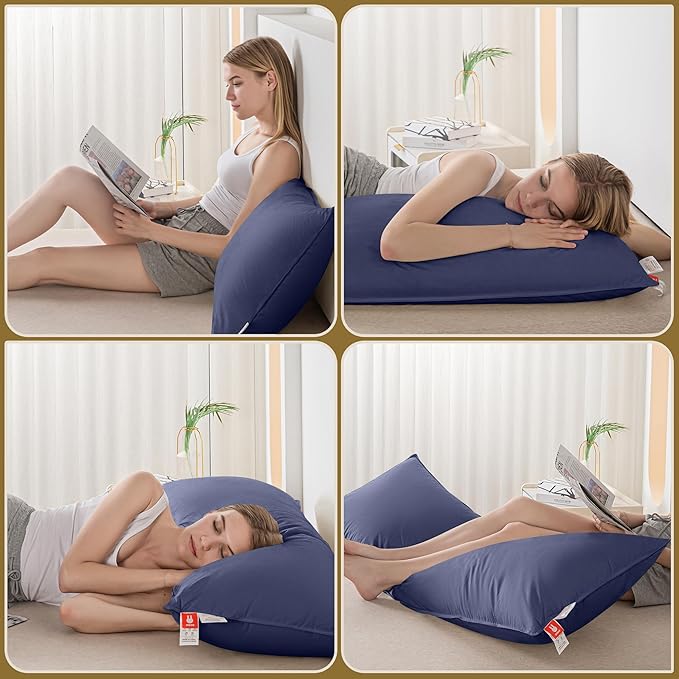 Goose Down Body Pillow for Side Sleeper, Long Body Pillows for Adults, Large Hugging Feather Body Pillow Insert, Cooling Full Length Pillow for Bed with 100% Organic Cotton Shell, Navy Blue 20"x72"