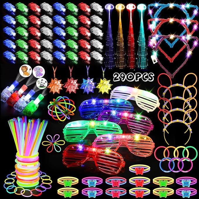 JOJUJB 290PCS Glow in the Dark Party Supplies for Kids Adults,Light Up Party Favors with Light Up Toy Glasses,100 Glow Sticks Bulk Party Pack DIY Glow Necklaces,Bracelets
