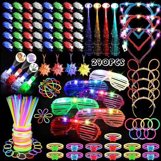 JOJUJB 290PCS Glow in the Dark Party Supplies for Kids Adults,Light Up Party Favors with Light Up Toy Glasses,100 Glow Sticks Bulk Party Pack DIY Glow Necklaces,Bracelets