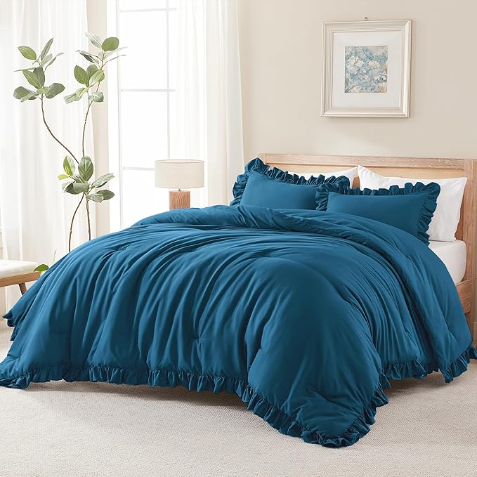 Andency Teal Ruffle Comforter Queen(90x90Inch), 3 Pieces(1 Ruffled Comforter and 2 Pillowcases) Solid Farmhouse Shabby Chic Bed, Vintage Rustic Soft Microfiber Bedding Set