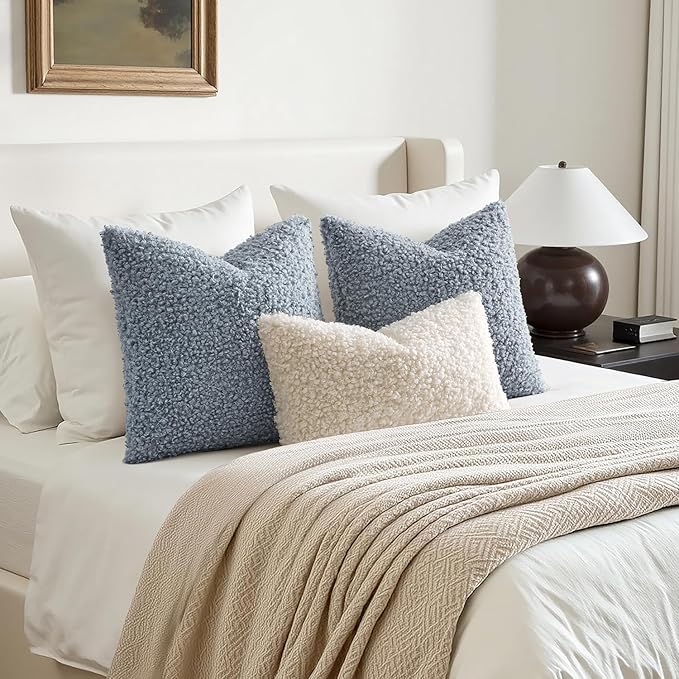 Woaboy Faux Fur Throw Pillow Covers 18x18 Inch Set of 2 Boucle Neutral Decorative Sherpa Fuzzy Accent Soft Sheepskin Fleece Cushions Modern Home Decor for Sofa Bedroom Living Room,Coastal Dusty Blue