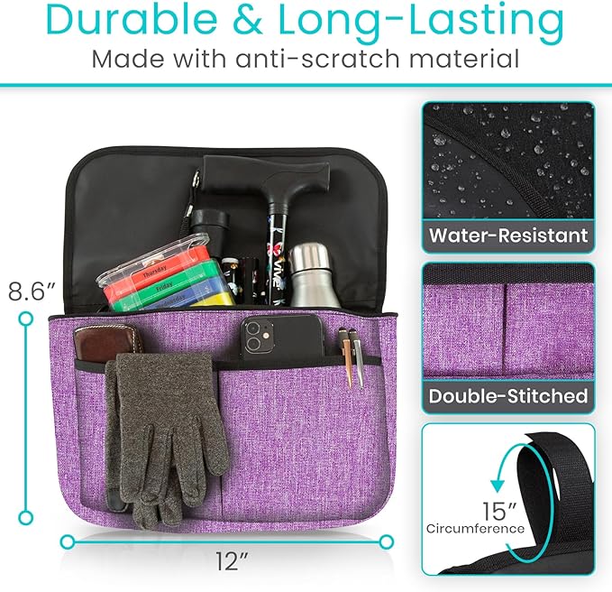 Vive Wheelchair Carry Bag - Arm Rest Pouch for Rollator, Walkers, Power Wheel Chairs and Knee Scooters - Side Storage Organizer for Elderly, Seniors, Adults (Purple)