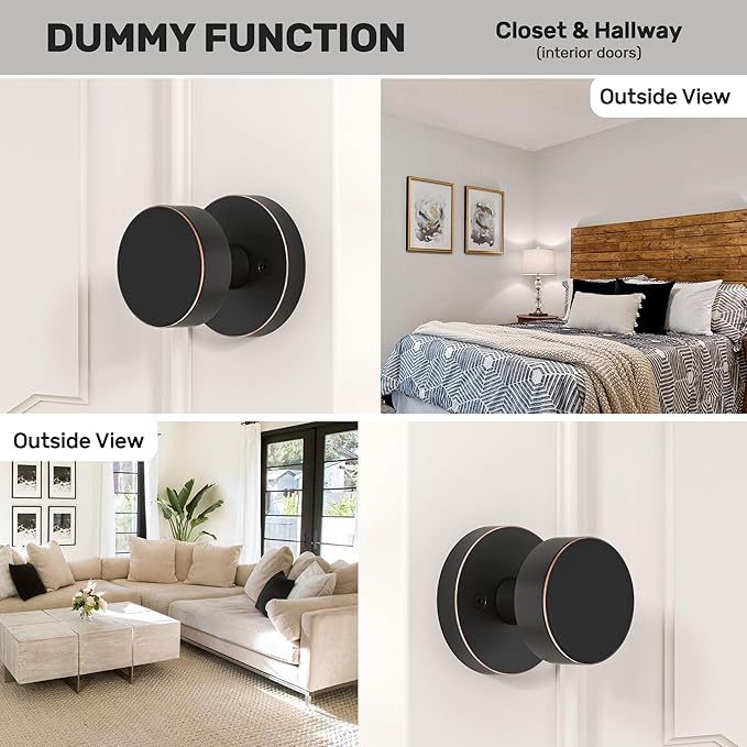 4 Pack Antique Bronze Dummy Door Knob Interior Non-Turning Dummy Door Handle for French Doors and Bifold Doors, Round Vintage Style Dummy Door knobs Oil Rubbed Bronze Finish