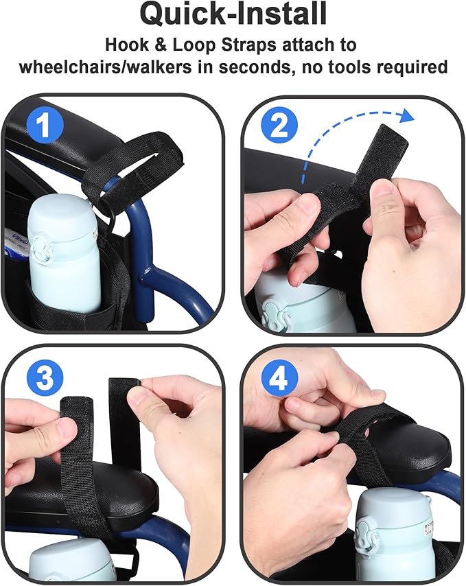 LIGHTMEUP Wheelchair Side Bag with Cup Holder - Wheelchair Armrest Pouch Accessories for Adults, Storage Bags to Hang on Side Oversized Zipper Pull for Electric Wheelchair Walker Rollator Scooter