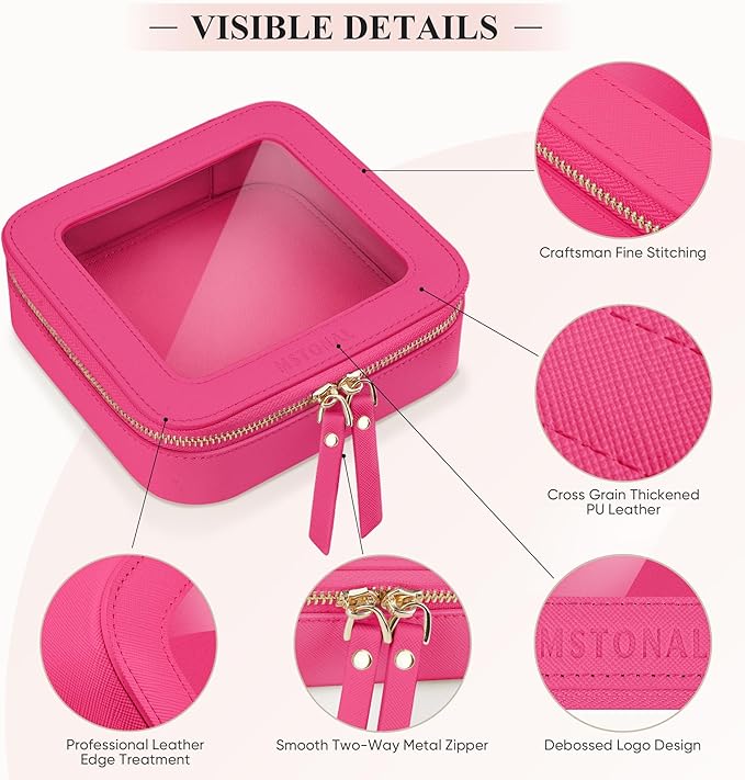 MSTONAL Clear Makeup Bag, Travel Toiletry Bag Cosmetic Case for Women, Waterproof Portable Small Make Up Skincare Pouch with Zipper, Compact Car Organizer Bag for Essentials, Mini Size, Hot Pink