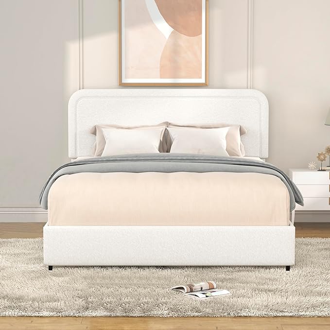 Christopher Knight Home Liv Upholstered Bed with Storage, Queen Size Platform Bed with 4 Drawers, Curved Stitched Tufted Headboard, Wooden Slat Mattress Support, No Box Spring Needed, Ivory Boucle