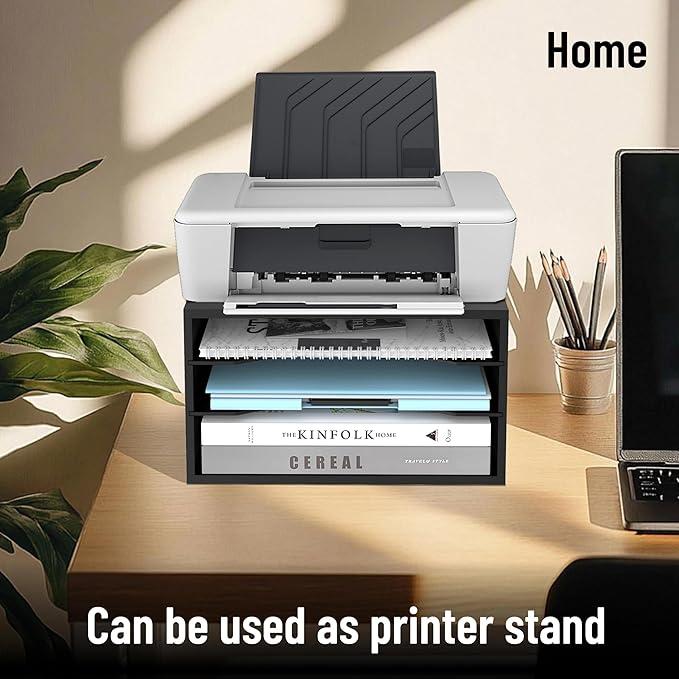 Wood Desk Organizer, 3 Tier Paper Tray Organizer for Desk with Adjustable Storage Shelves, Printer Stand Desktop File Organization Paper Sorter Mail Holder for Office Home Classroom, Black