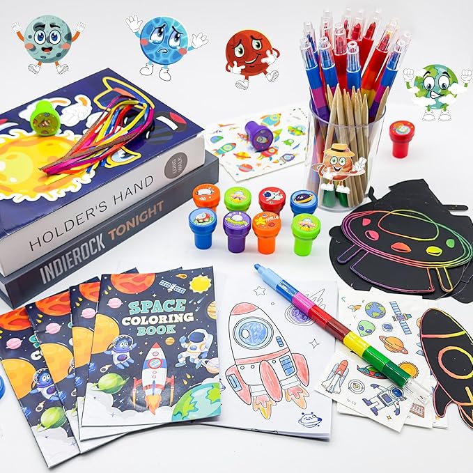 72 Pcs Outer Space Coloring Book with Crayons Party Favors,Space Astronaut Party Goodie Bags Fillers,Galaxy Planet Birthday Party Games Craft DIY Kit Magic Scratch Art Paper Tattoo for Rocket Pinatas