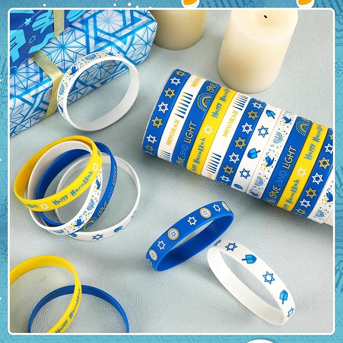 JUNEBRUSHS 42Pcs Hanukkah Party Favors Silicone Bracelets Rubber Chanukkah Wristbands Supplies for Adults Hanukkah Decorations Accessories Goodie Stuffers Fillers(7 Designs)