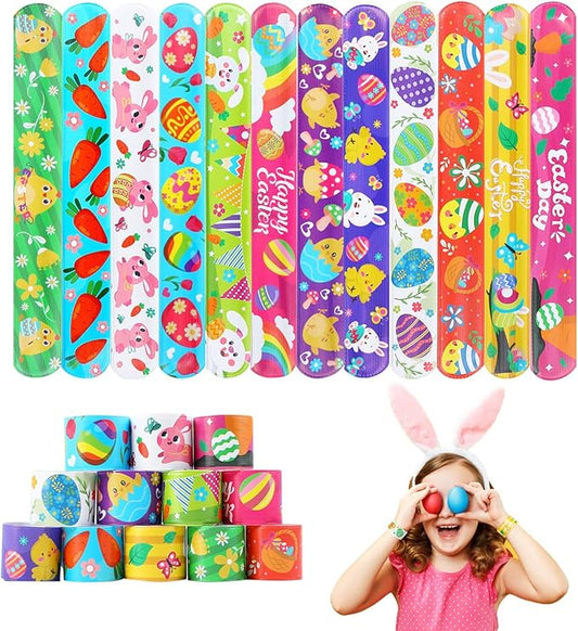 FOIMAS 48pcs Easter Slap Bracelets,Egg Bunny Chick Snap Bracelet Wristband for Easter Egg Filler Basket Stuffer Party Favor Supply