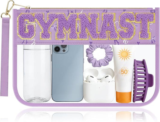 BuyCard Gymnastics Gifts Cosmetic Makeup Bag with Chenille Letter Patch, Clear Pouch PVC Organizer Purse, Waterproof Travel Bag, Portable Toiletry Storage Bag for Her Girls Friends Women