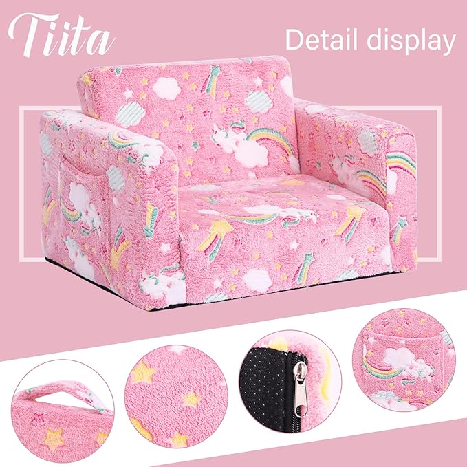 Tiita Kids Chair Couch, Folding Toddler Comfy Sofa Chairs, 2-in-1 Kids Plush Sofa Fold Out, Baby Armrest Chair Sofa to Lounger, Convertible Play Sofas to Bed for Girl or Boy, Pink Rainbow