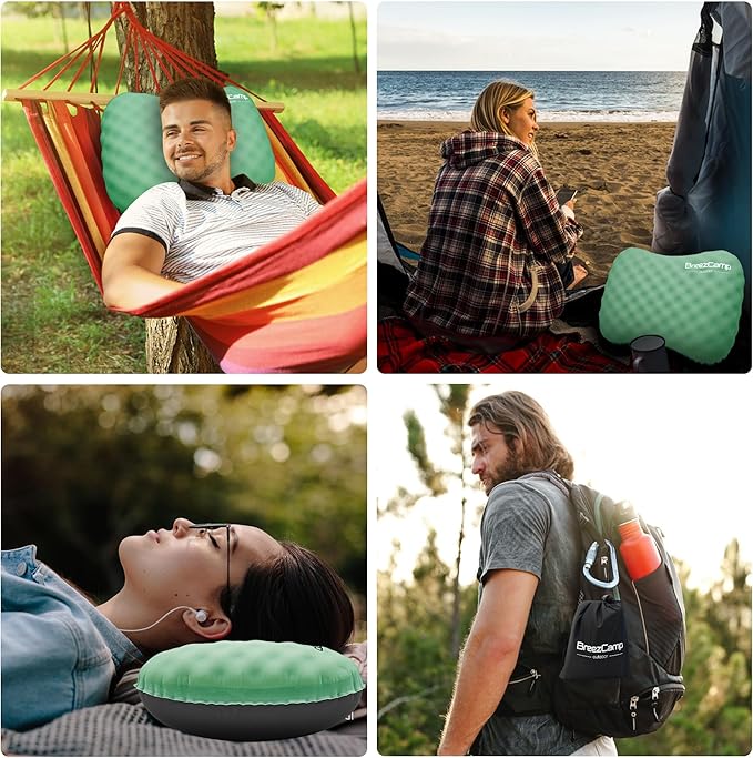 BreezCamp Camping Pillow with Soft Cover, Lightweight Inflatable Pillow for Neck Lumbar Support,Upgrade Backpacking Pillow,Washable Travel Air Pillows for Hiking, Backpacking, Airplane, Beach, Green