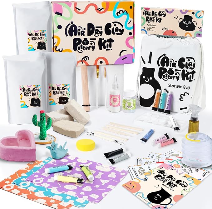 FosterToys™ Air Dry Clay Pottery Kit for Beginners | DIY Clay Kit for Adults, Sculpting Tools Set & Step-by-Step Guide, 12 Paints, Paintbrush,Varnish, Sponge, Kids Teen Christmas Birthday Holiday Gift