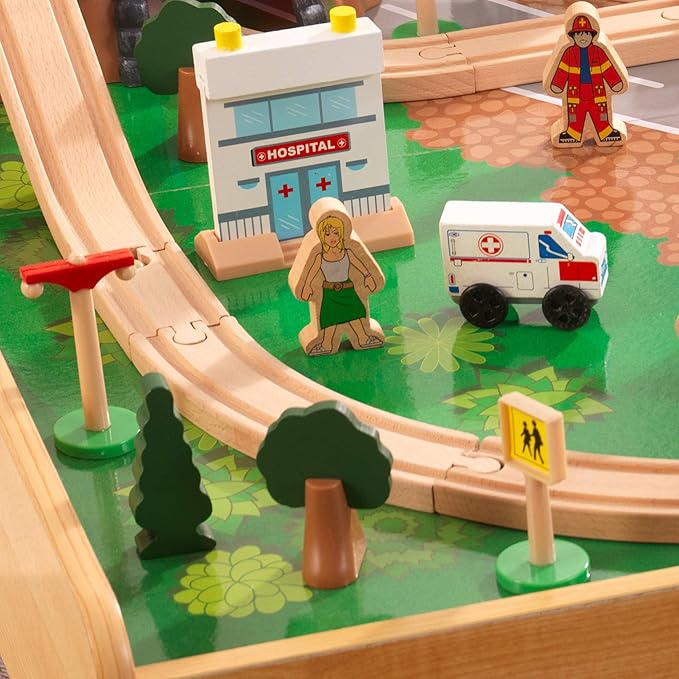 KidKraft Adventure Town Railway Wooden Train Set & Table with EZ Kraft Assembly™ with 120 Accessories and Storage Bins, Gift for Ages 3+