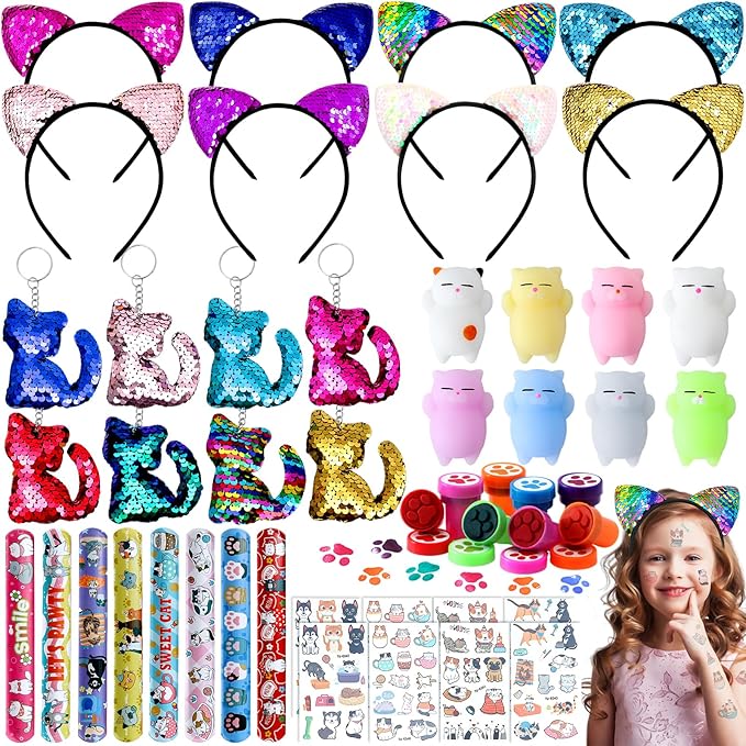 Cat Party Favors Birthday Supplies for Girl Kid Sequin Headband Squishy Toy Keychain Tattoo Sticker Stamper Slap Bracelet Goodie Bag Stuffer Pinata Cat Themed Party Favors Birthday Party Supplies