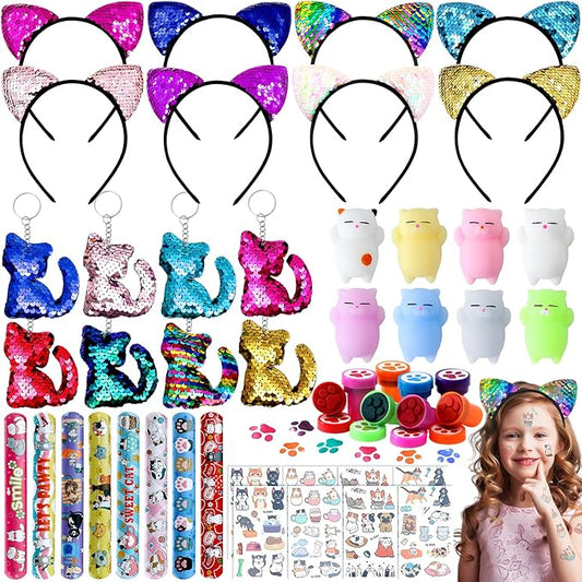 Cat Party Favors Birthday Supplies for Girl Kid Sequin Headband Squishy Toy Keychain Tattoo Sticker Stamper Slap Bracelet Goodie Bag Stuffer Pinata Cat Themed Party Favors Birthday Party Supplies