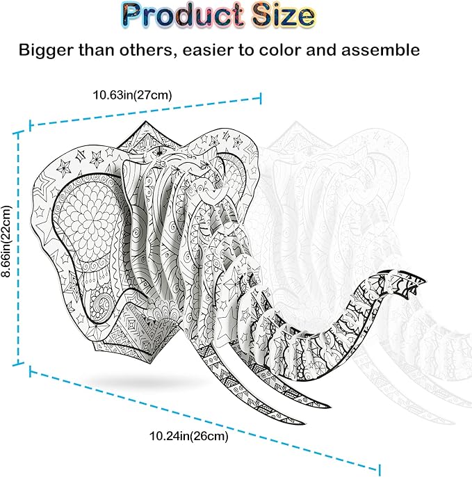 Hautton 3D Coloring Puzzle, Creative DIY Painting Puzzle Set Toy with 10 Coloring Pens, Fun Arts Crafts Gift for Kids Age 3 4 5 6 7 8 9 10 11 12 -Elephant