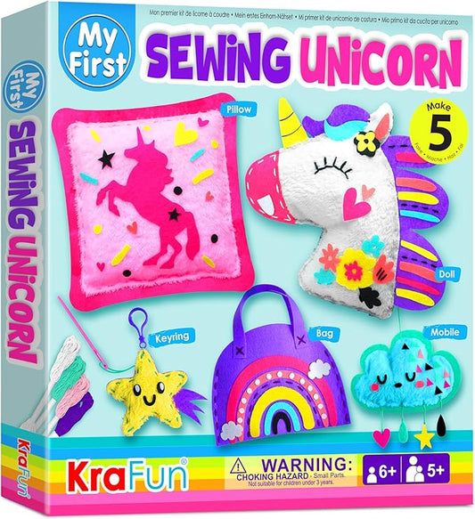 KRAFUN My First Unicorn Kids Sewing kit, Beginner Arts & Crafts, Make 5 Cute Projects with Plush Stuffed Animal, Pillow, Mobile, Keyring and Bag, Instructions & Felt for Learn Sewing, Embroidery