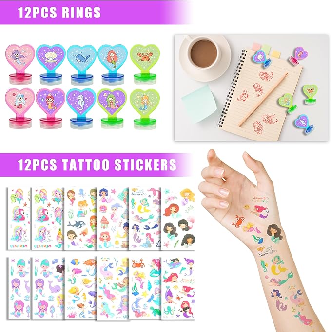 90 PCS Mermaid Party Favors for Girls Mermaid Birthday Supplies Bracelets Stampers Necklaces Rings Keychains Tattoo Stickers Post-it Notes Goodie Bags for Mermaid Birthday Party Supplies (Mermaid)