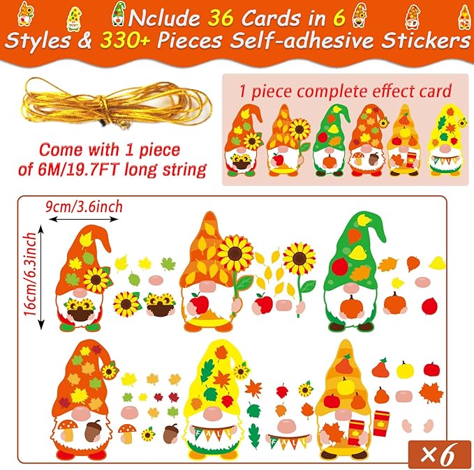 36 Sets Thanksgiving Fall DIY Art Craft Kits Gnome Ornaments Art Sets Fall Leaf Stickers Arts and Crafts Bulk for Kids Classroom Activities Party Decorations