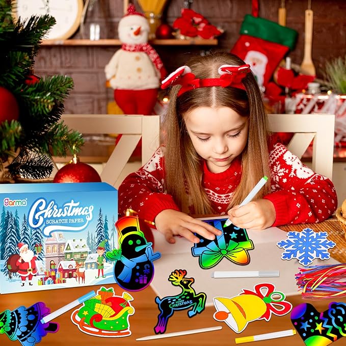 Garma 36Pcs Christmas Crafts Scratch Art for Kids, Rainbow Scratch Paper Christmas Ornaments Crafts Christmas Party Favors Toys Xmas Tree Ornaments Hanging Craft Art Kits