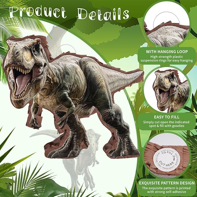 142 Pcs Dinosaur Piñata Party Set - Small Jungle Dinosaur Piñata Set with Blindfold and Bat Include Kids Dinosaur Themed Party Favors for Boys and Girls(Small Size Piñata 14.5”x12.5”x3”)