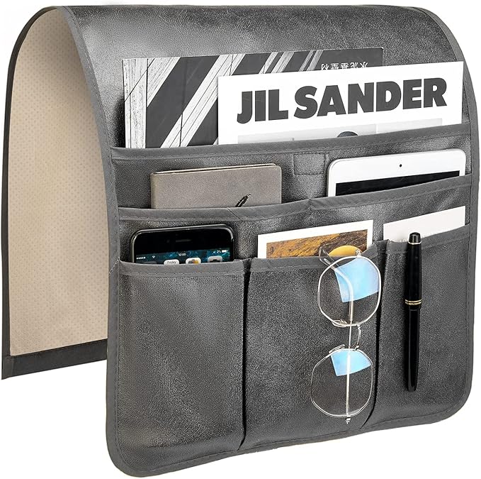 Teniux Remote Control Holder Faux Leather Armrest Organizer with 6 Pockets for Recliner Couch Sofa, Armchair Caddy for Smart Phone, Book, Magazines, Ipad, Remotes (Dark Grey)