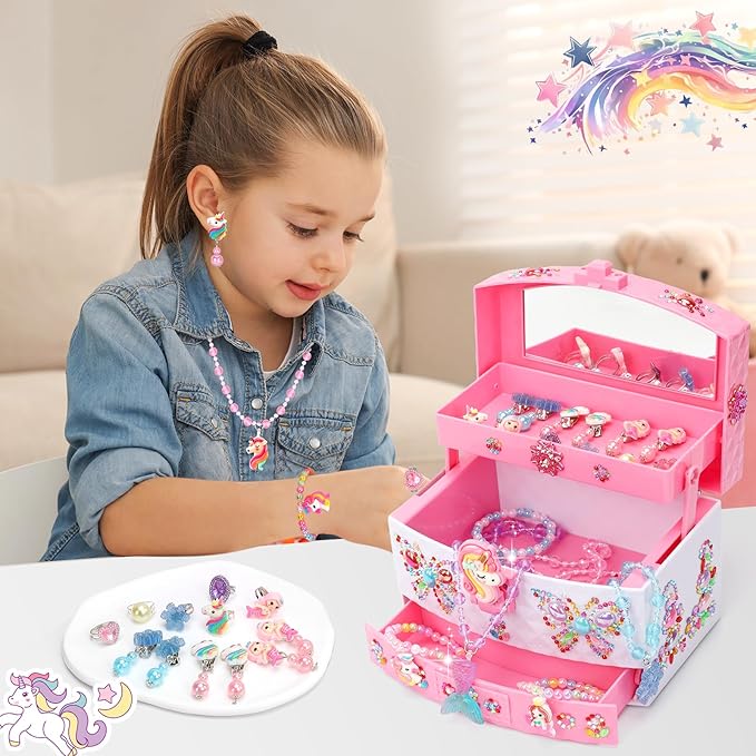 Jewelry Box for Girls, Unicorn Toys for Girls Age 4-6 Kids Jewelry Box, Toddler Girl Jewelry Set with Princess Necklaces/Bracelets/Earrings/Rings, Funny Christmas Birthday Gifts for 3-6 Year Old Girl